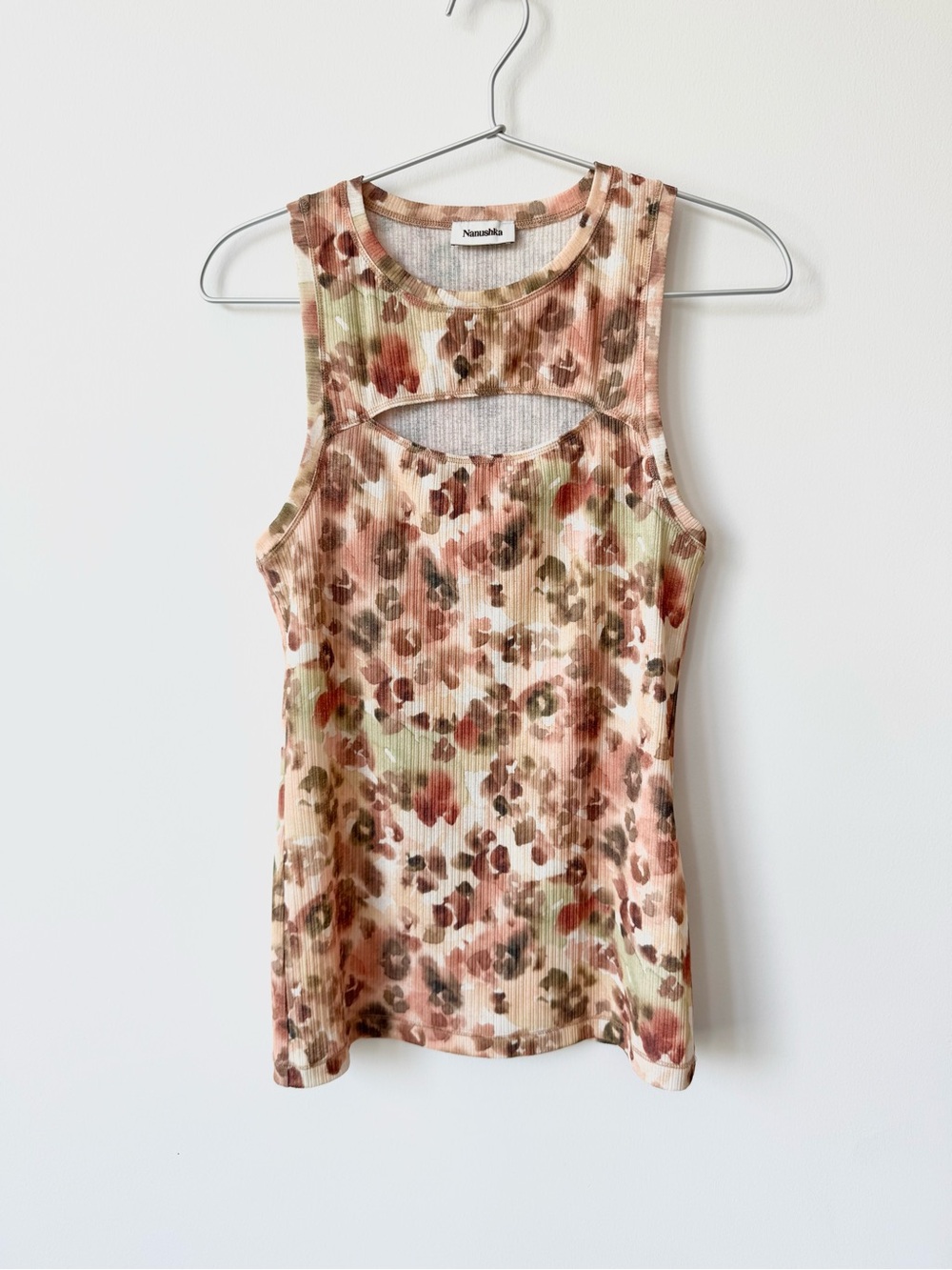 Nanushka Lio Ribbed Cutout Top with Water Colour Animal Pint - Body Con Fit